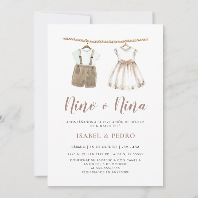 Neutral Baby Clothes Spanish Gender Reveal Invitation (Front)