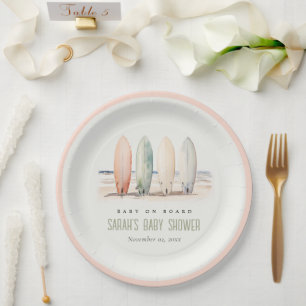Neutral Baby On Board Surfboard Baby Shower Paper Plate