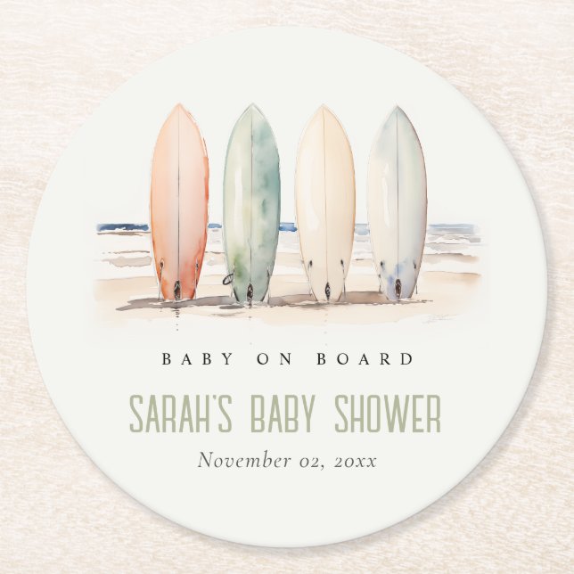 Neutral Baby On Board Surfboard Baby Shower Round Paper Coaster (Front)