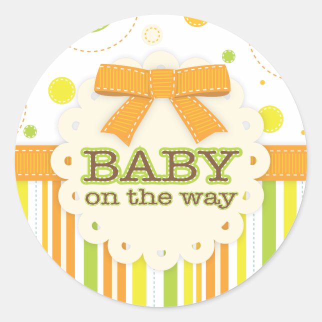 Neutral Baby Orange & Green in Stitches Baby Bow Classic Round Sticker (Front)