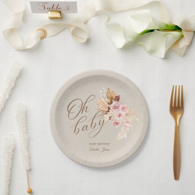 Neutral Baby Pink Pampas Grass Giraffe  Paper Plate (Wedding)