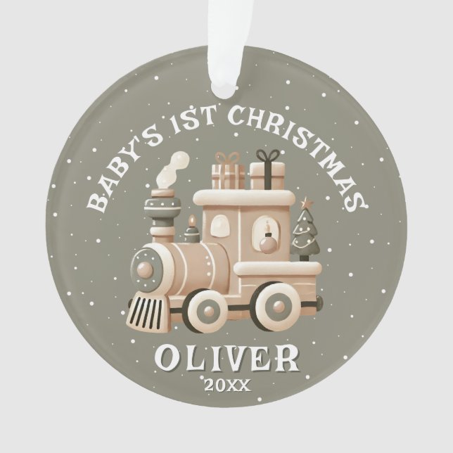 Neutral Baby’s 1st Christmas Train Keepsake Photo Ornament (Front)
