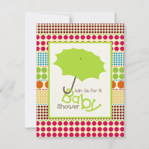 Neutral Baby Shower - Green Umbrella & Boho Dots Invitation