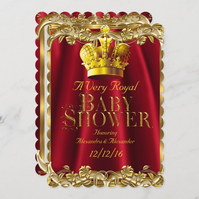 Neutral Baby Shower Royal Regal Red Gold Crown Invitation (Front/Back)