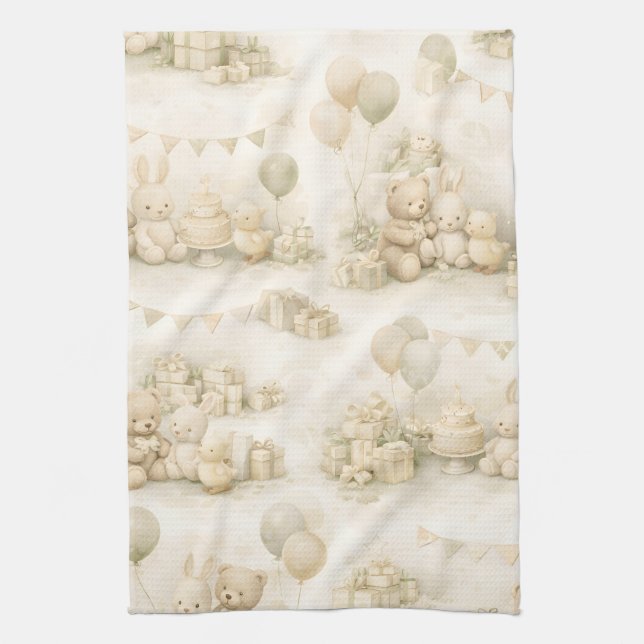 Neutral Baby Shower Teddy Bear Party Pattern Tea Towel (Vertical)
