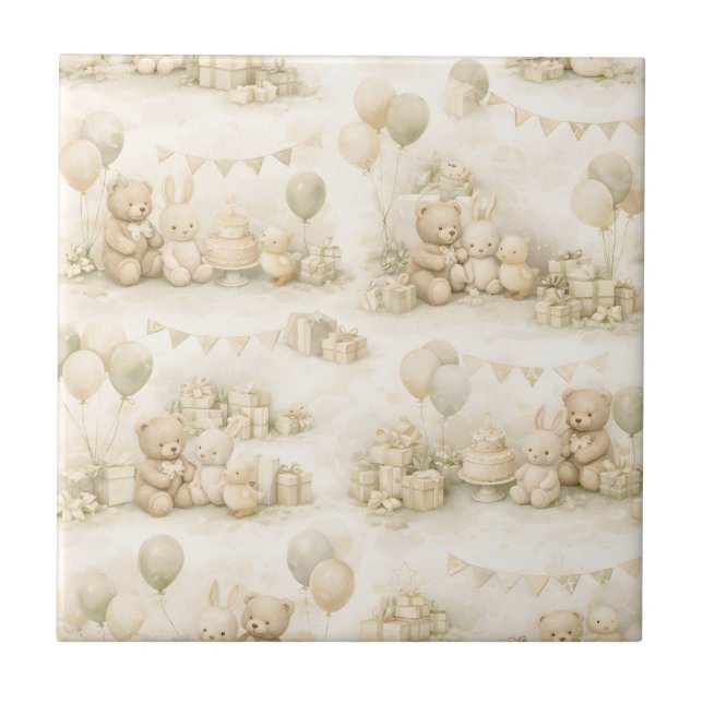 Neutral Baby Shower Teddy Bear Party Pattern Tile (Front)