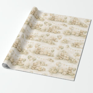 Neutral Baby Shower Teddy Bear Party Pattern Wrapping Paper