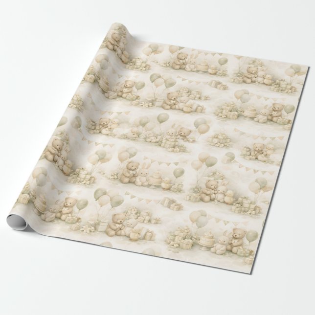 Neutral Baby Shower Teddy Bear Party Pattern Wrapping Paper (Unrolled)