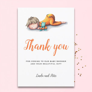 Neutral baby shower thank you card with a baby