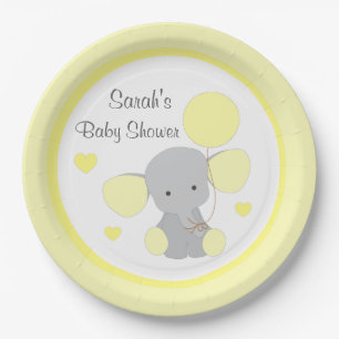 Neutral Baby Shower Yellow Grey Elephant Sprinkle Paper Plate
