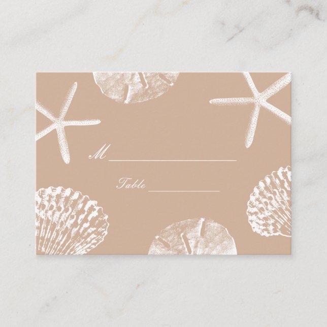 Neutral Beach Theme Seashells Wedding Place Card (Front)