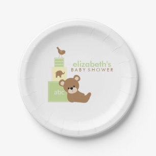 Neutral Bear and Toy Blocks Baby Shower Paper Plate