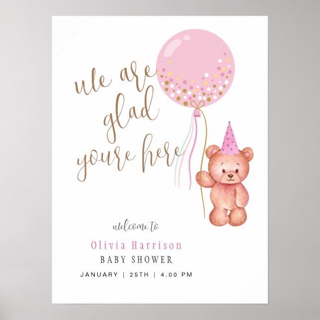 Neutral Bear Pink Balloon Welcome Sign Baby Shower (Front)