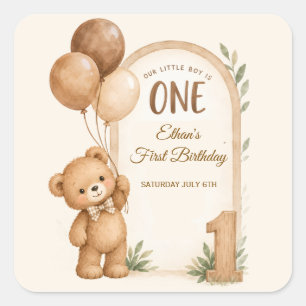Neutral Bear Woodland Boy 1st Birthday  Square Sticker