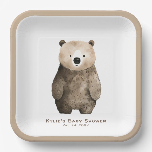Neutral Bearly Wait Teddy Bear Baby Shower Paper Plate (Front)
