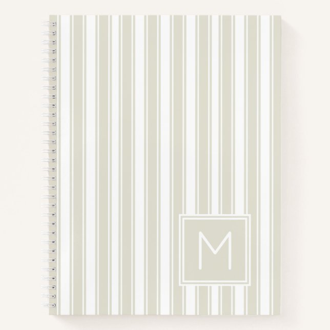 Neutral Beige and White Ticking Stripe Monogram Notebook (Front)