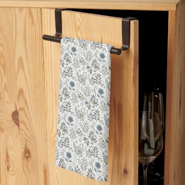 Neutral Beige Blue Floral Stems Kitchen Towel (Thirds Fold)