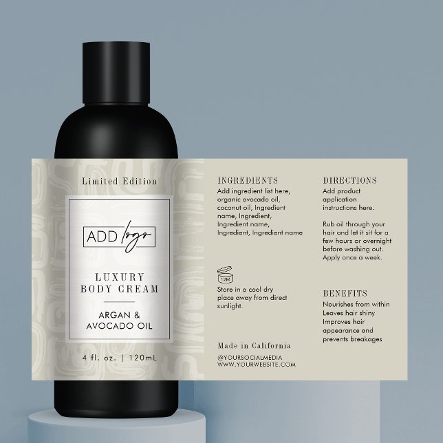 Neutral Beige Boho Pattern Logo 4OZ Cosmo Bottle Rectangular Sticker (Elegant abstract pattern light cream product label template)