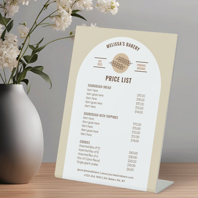 Neutral Beige Bread Bakery Sourdough Price List Pedestal Sign (Modern beige and white bakery price list menu table top sign with fully editable text & colors)