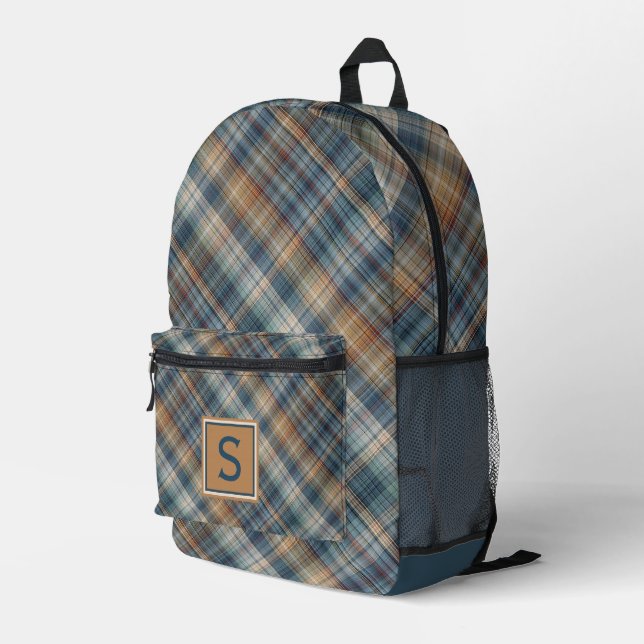 Neutral Beige Brown Teal Blue Plaid Tartan Pattern Printed Backpack (Back Corner Right)