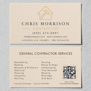 Neutral Beige Construction Minimalist Gold QR Code Business Card