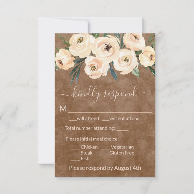 Neutral Beige Floral Boho Brown RSVP Card (Front)
