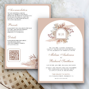 Neutral Beige Floral Boho Pampas QR Code Wedding Invitation