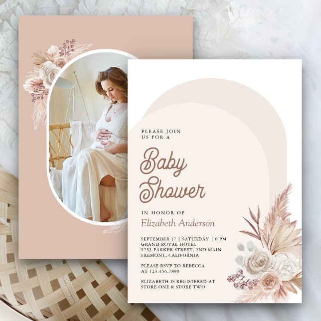 Neutral Beige Floral Pampas Photo Baby Shower Invitation (Creator Uploaded)