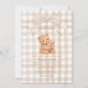 Neutral Beige Gingham Bear Baby Shower Invitation