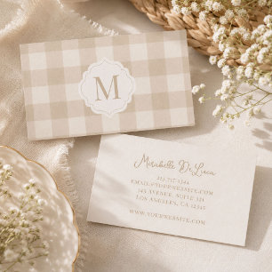 Neutral Beige Gingham Monogram Business Card