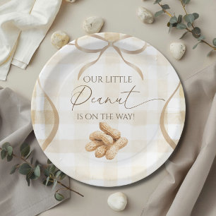 Neutral Beige Gingham Peanut Baby Shower Decor Paper Plate