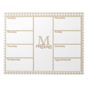 Neutral Beige Gingham Plaid Weekly Planner Notepad