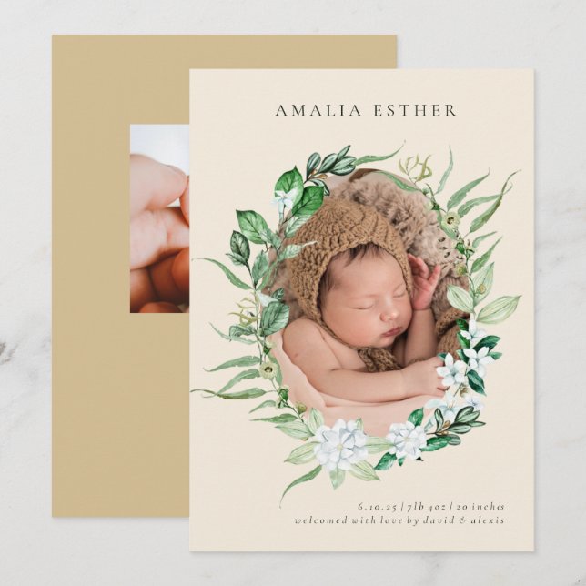 Neutral Beige Greenery Wreath Birth Announcement  (Front/Back)