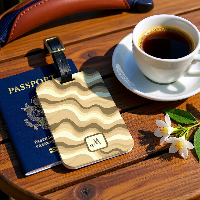 Neutral Beige Groovy Waves Monogram Personalised Luggage Tag (Neutral Beige Groovy Waves Monogram Personalized Luggage Tag)