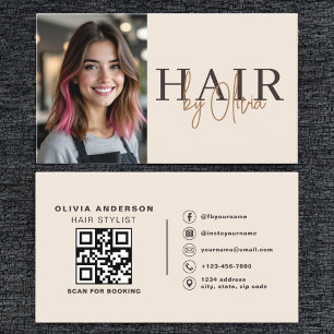 Neutral Beige Hair Stylist Photo QR Code Business Card