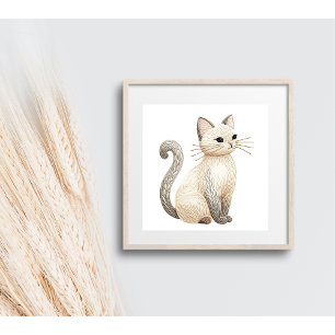 Neutral Beige Kitty Embroidered Boho Cat Poster