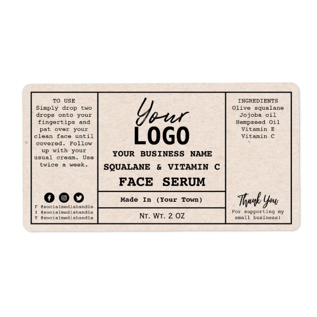 Neutral Beige Kraft Paper Serum Labels (Front)