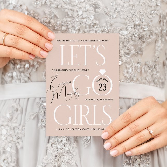 Neutral Beige Lets Go Girls Bachelorette Party Invitation (neutral beige and white Let's Go Girls country western bachelorette party invitation)