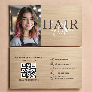 Neutral Beige Metallic Hair Stylist Photo QR Code  Business Card