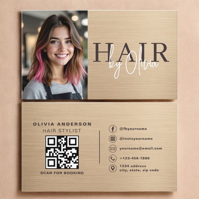 Neutral Beige Metallic Hair Stylist Photo QR Code  Business Card (Creator Uploaded)