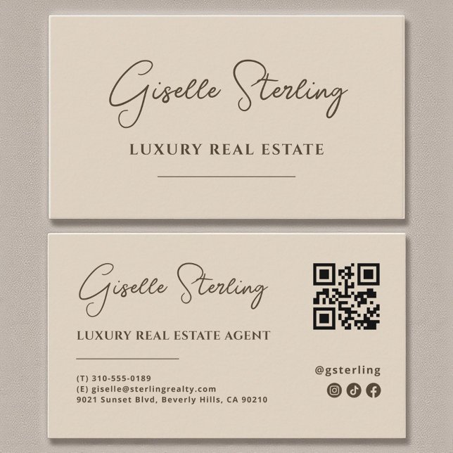 Neutral Beige Minimalist Script QR Code Business Card (Creator Uploaded)