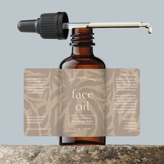 Neutral Beige Modern 2 OZ Dropper Bottle Label (Neutral beige dropper bottle wrapper label design featuring subtle tropical background & custom text)