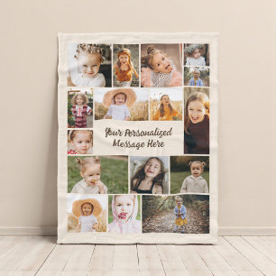 Neutral Beige Modern Personalized 16 Photo Collage Fleece Blanket