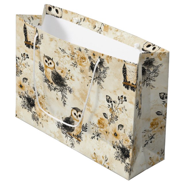 Neutral Beige Owl Floral Botanical Pattern Large Gift Bag (Front Angled)