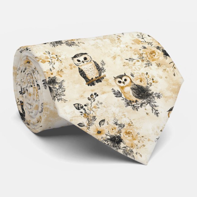Neutral Beige Owl Floral Botanical Pattern Tie (Rolled)