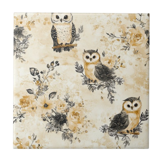 Neutral Beige Owl Floral Botanical Pattern Tile (Front)