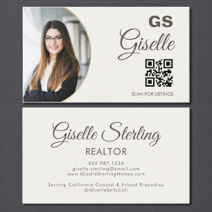 Neutral Beige Photo Monogram Realtor QR Code Business Card