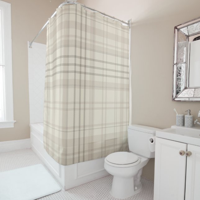 Neutral Beige Plaid Shower Curtain (In Situ)