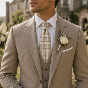 Neutral Beige Plaid Tartan Tie