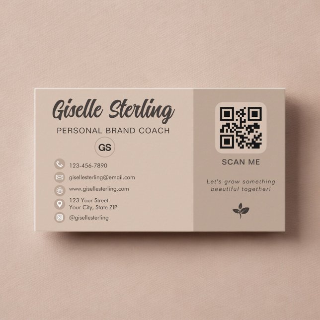 Neutral Beige QR Code Monogram Social Media  Business Card (Creator Uploaded)